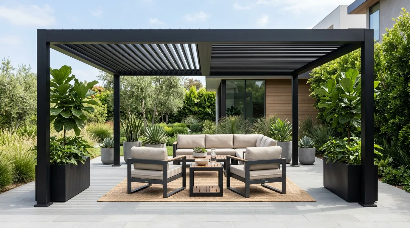 Layer fabric or vines for softer shade inspiration for a backyard pergola space.
